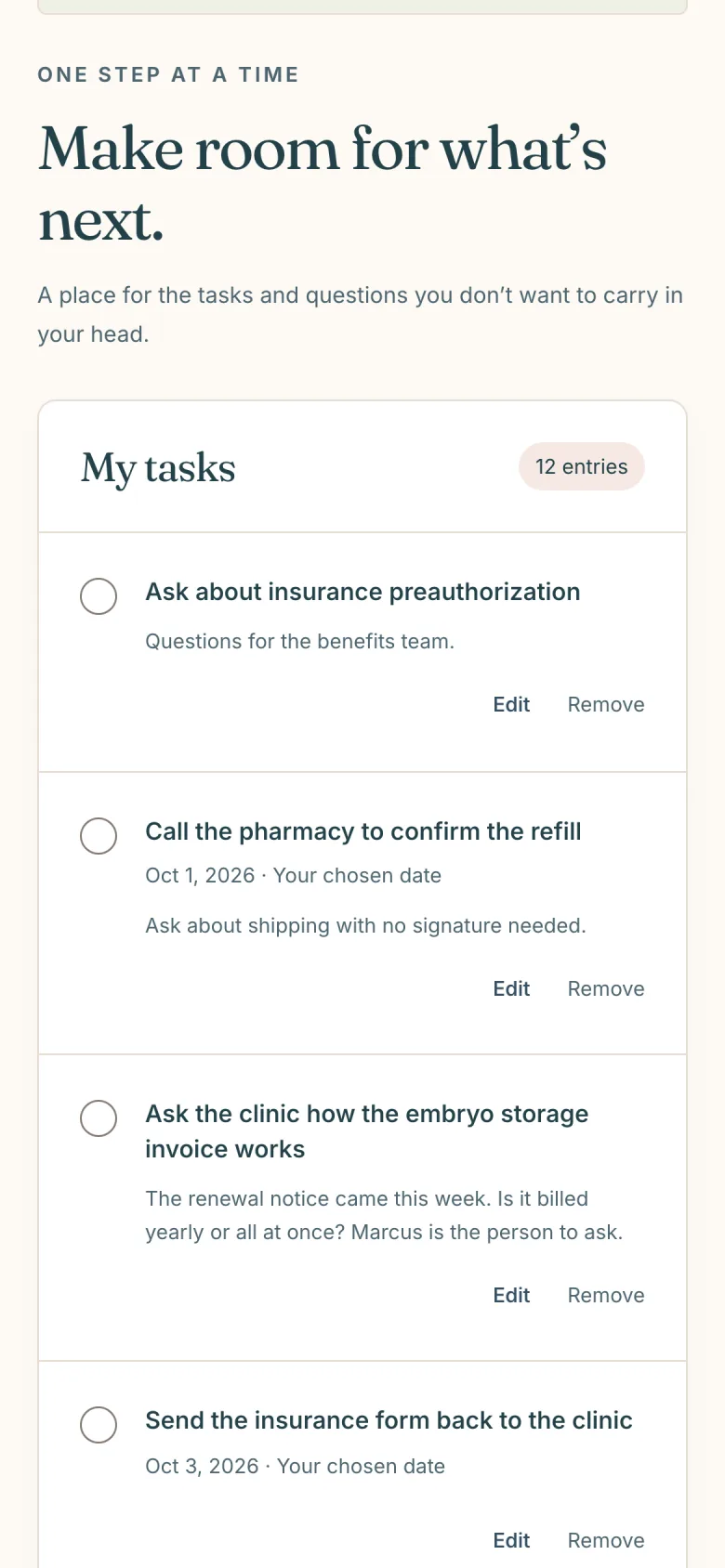 The My checklist page of an HopeNest sample workspace: a My tasks list with open circles and Edit and Remove links, beside a form with title, optional date and notes fields and a Save entry button.
