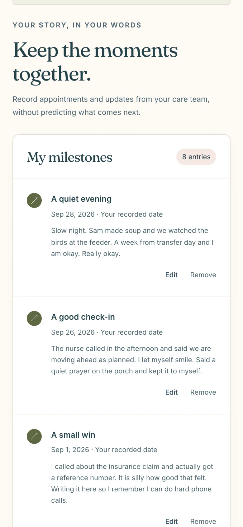 The Cycle journal page of an HopeNest sample workspace: a My milestones list of dated entries such as A quiet evening and A good check-in with short personal notes, beside a form with milestone, optional date and notes fields and a Save entry button.