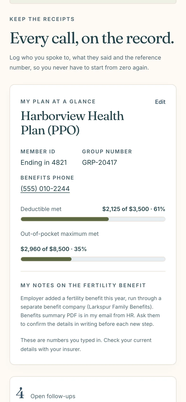 The Insurance and calls page of an HopeNest sample workspace: a plan card with the member ID ending, group number, benefits phone and deductible and out-of-pocket progress bars, beside counts of open follow-ups, calls this month and preauths waiting.