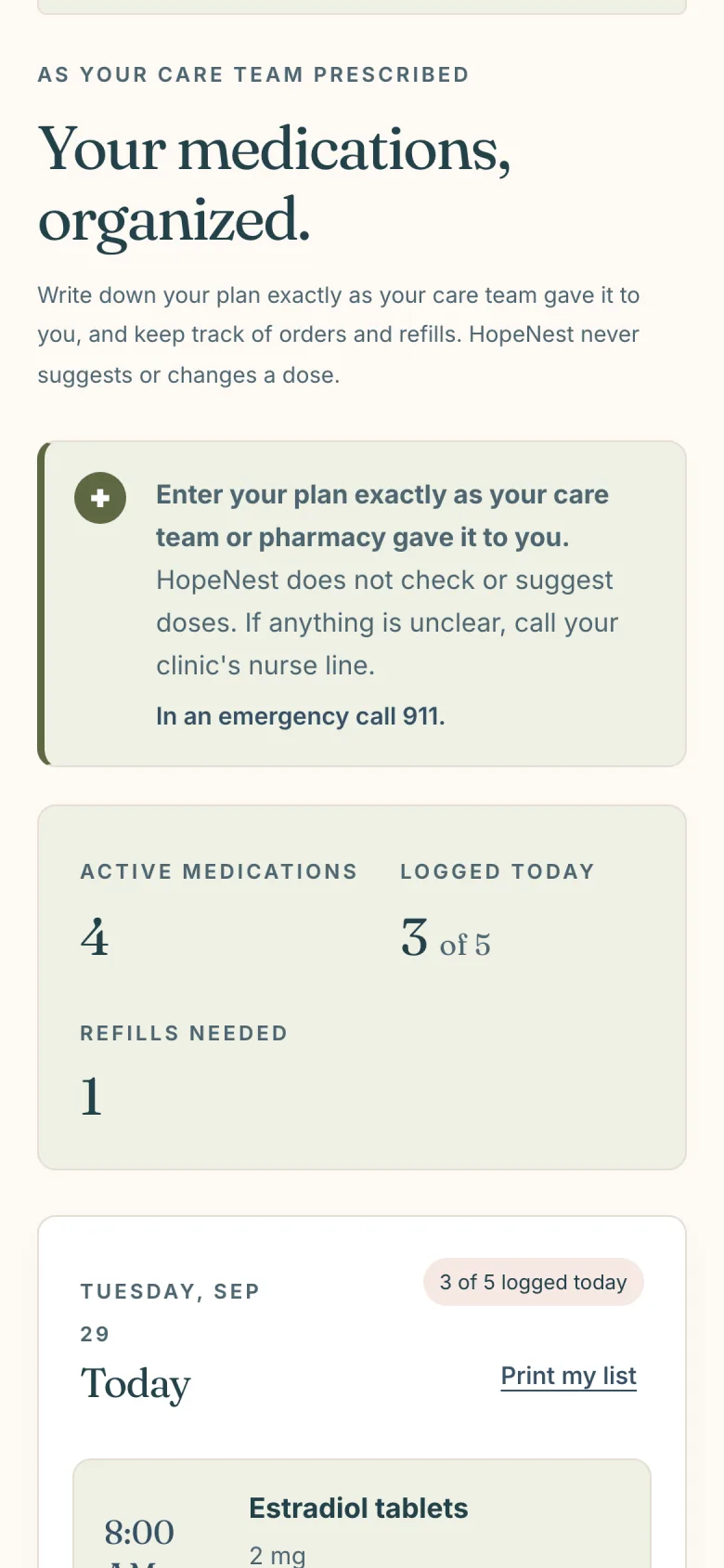 The Medications page of an HopeNest sample workspace: a notice to enter your plan exactly as your care team gave it, counts of active medications, doses logged today and refills needed, and today’s doses with Logged marks and Undo buttons.