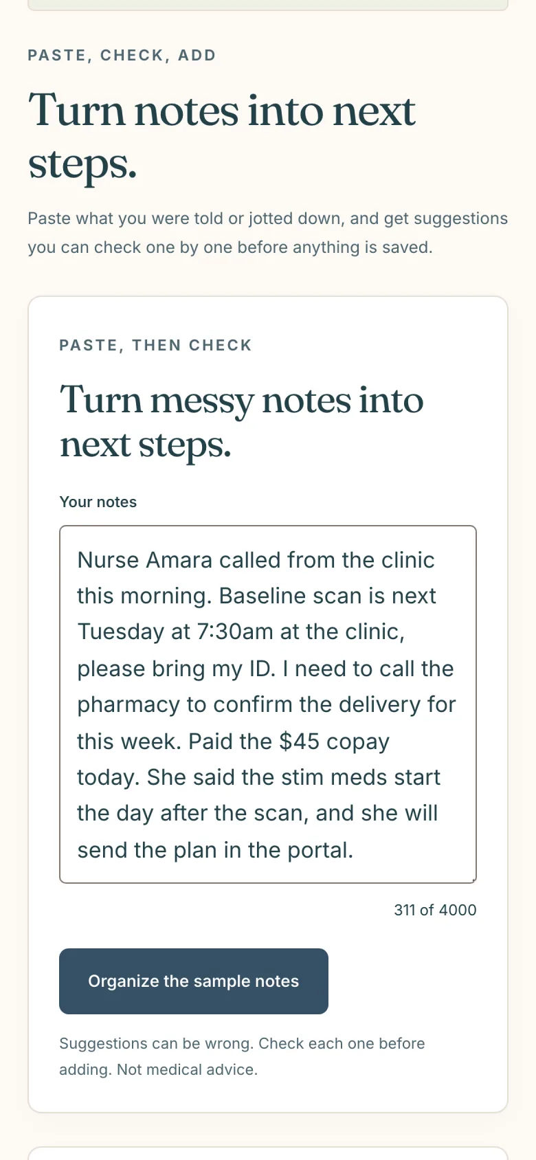The Quick capture page of an HopeNest sample workspace: a text box holding pasted clinic notes with an Organize the sample notes button, beside a panel saying suggestions will appear here and nothing is saved until you press Add.