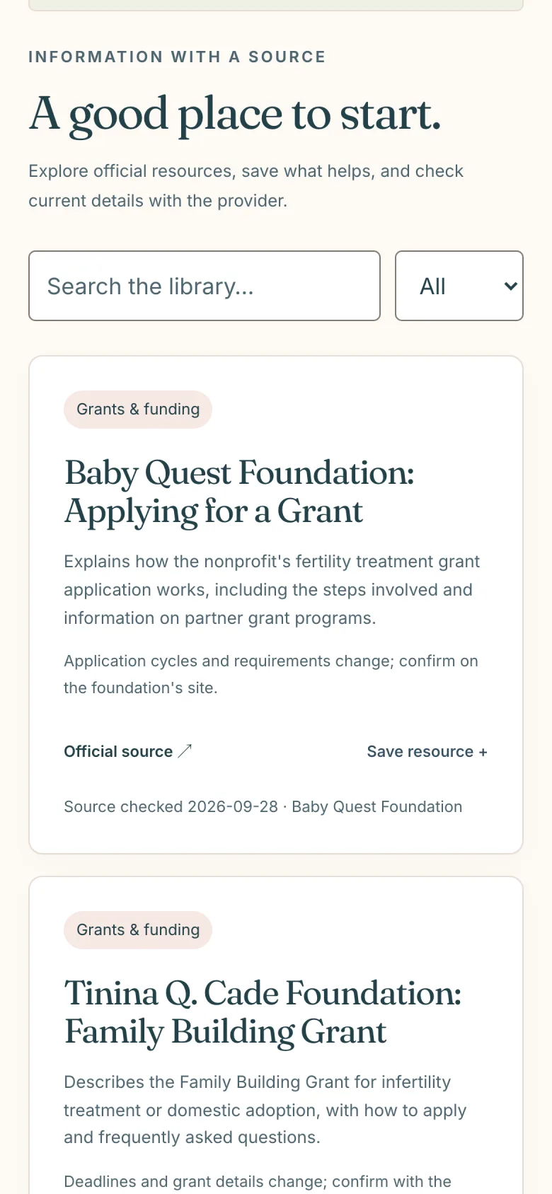 The Resource library page of an HopeNest sample workspace: a search box and category filter above cards for grants and funding resources, each with an Official source link and a Save resource button.