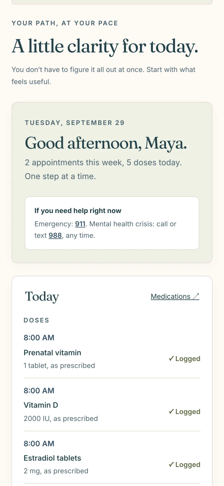 The Today page of an HopeNest sample workspace: a Good morning, Maya greeting, a help box with 911 and 988, today’s doses with times and Logged marks, and cards for treatment progress, checklist tasks done and spending.