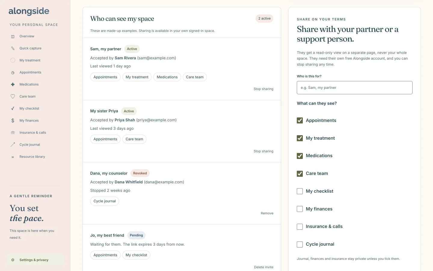 The sharing settings of an HopeNest sample workspace, where you choose which sections a partner can see.